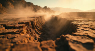 Dramatic fault line revealed through cracked earth in California desert, with seismograph recording tremors nearby