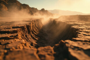 Dramatic fault line revealed through cracked earth in California desert, with seismograph recording tremors nearby