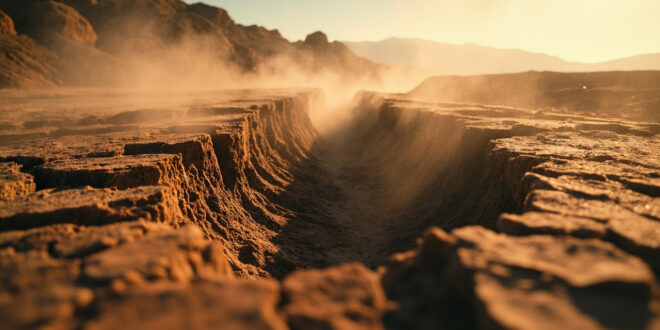 Dramatic fault line revealed through cracked earth in California desert, with seismograph recording tremors nearby