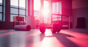 Arranged fitness equipment including pink dumbbells and white yoga mat in sunlit modern fitness studio