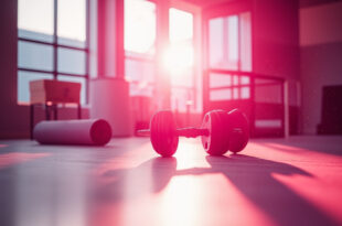 Arranged fitness equipment including pink dumbbells and white yoga mat in sunlit modern fitness studio