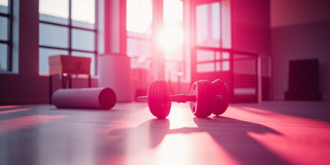 Arranged fitness equipment including pink dumbbells and white yoga mat in sunlit modern fitness studio