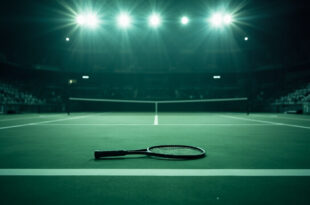 Tennis racket abandoned on empty green court with net casting shadows under stadium lights