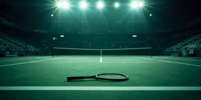 Tennis racket abandoned on empty green court with net casting shadows under stadium lights