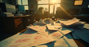 Erroneous pension documents scattered across a cluttered government office desk with prominent red error stamps