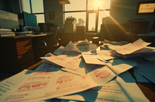 Erroneous pension documents scattered across a cluttered government office desk with prominent red error stamps