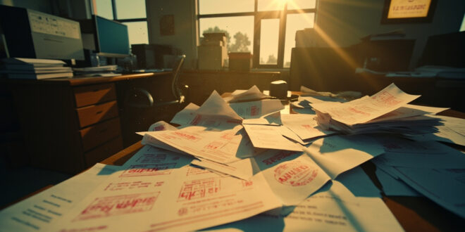 Erroneous pension documents scattered across a cluttered government office desk with prominent red error stamps