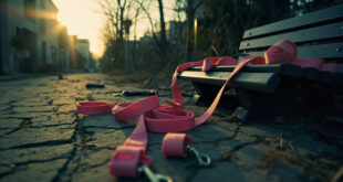 Abandoned photography equipment and discarded pink leashes on a park bench in a deserted urban park at dusk