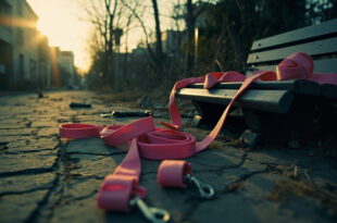 Abandoned photography equipment and discarded pink leashes on a park bench in a deserted urban park at dusk