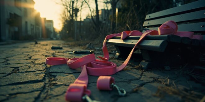 Abandoned photography equipment and discarded pink leashes on a park bench in a deserted urban park at dusk