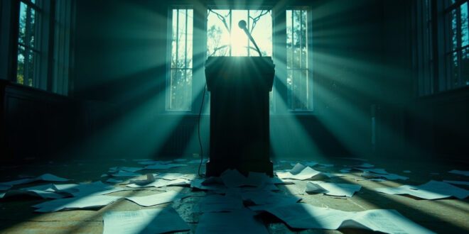 Empty podium with microphone and scattered legal documents in an abandoned government office at dusk