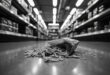 Broken pasta package spilled on supermarket floor under bright fluorescent lights with security camera visible above.