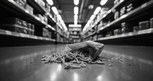 Broken pasta package spilled on supermarket floor under bright fluorescent lights with security camera visible above.