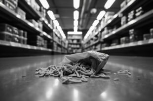Broken pasta package spilled on supermarket floor under bright fluorescent lights with security camera visible above.