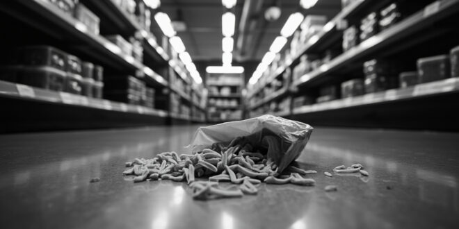 Broken pasta package spilled on supermarket floor under bright fluorescent lights with security camera visible above.