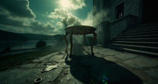 Scattered wedding rings on castle stone steps amid abandoned reception with overturned cake in empty courtyard at dusk