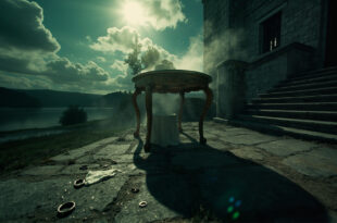 Scattered wedding rings on castle stone steps amid abandoned reception with overturned cake in empty courtyard at dusk