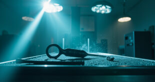 Abandoned surgical drill on metal tray sits on empty operating table in sterile operating room under bright lights