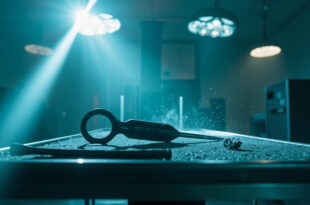 Abandoned surgical drill on metal tray sits on empty operating table in sterile operating room under bright lights
