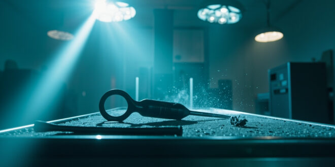 Abandoned surgical drill on metal tray sits on empty operating table in sterile operating room under bright lights