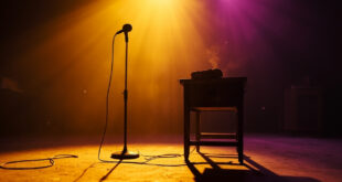 Empty microphone stand with trailing cord on silent stage in abandoned recording studio, untouched sandwich nearby at twilight