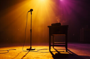 Empty microphone stand with trailing cord on silent stage in abandoned recording studio, untouched sandwich nearby at twilight