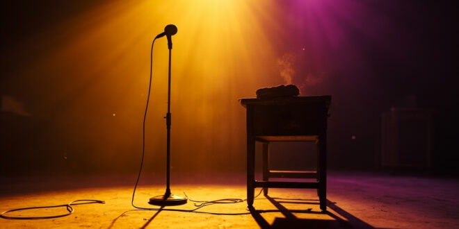 Empty microphone stand with trailing cord on silent stage in abandoned recording studio, untouched sandwich nearby at twilight