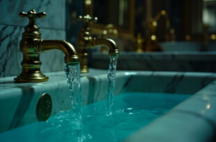 Marble bathtub overflowing with water in luxury hotel bathroom, golden faucets gleaming against white stone surfaces