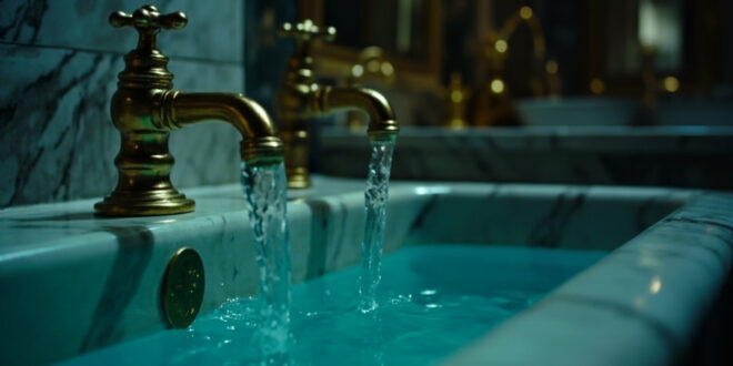 Marble bathtub overflowing with water in luxury hotel bathroom, golden faucets gleaming against white stone surfaces