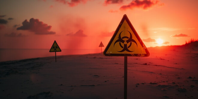 Biohazard warning signs scattered across a deserted Gulf Coast beach at dusk, marking a deadly bacteria outbreak area
