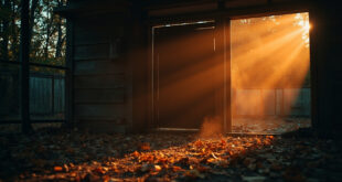 Empty tiger enclosure with scattered autumn leaves and closed wooden shelter at dusk, symbolizing wildlife loss