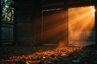 Empty tiger enclosure with scattered autumn leaves and closed wooden shelter at dusk, symbolizing wildlife loss