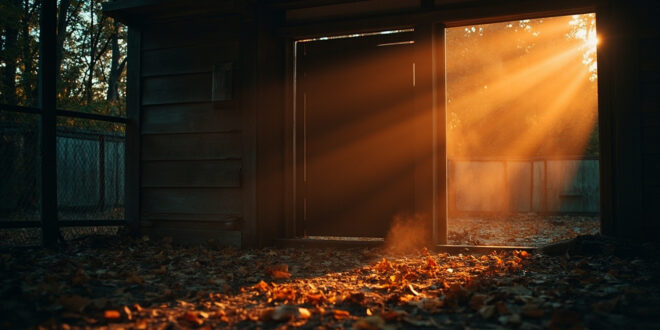Empty tiger enclosure with scattered autumn leaves and closed wooden shelter at dusk, symbolizing wildlife loss