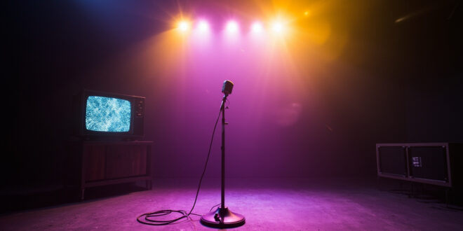 Abandoned television studio with dimmed lights, featuring a vintage microphone on empty stage and silent TV displaying static
