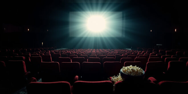 Empty movie theater with red seats facing illuminated screen, popcorn bowl on armrest.