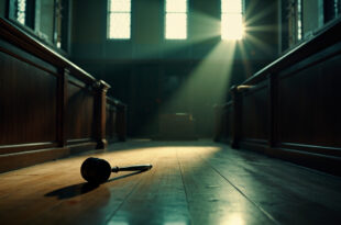 Empty courtroom at dusk with vacant witness stand and abandoned gavel on judge's bench, bathed in mahogany and gray tones