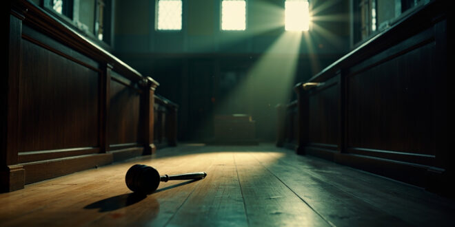 Empty courtroom at dusk with vacant witness stand and abandoned gavel on judge's bench, bathed in mahogany and gray tones