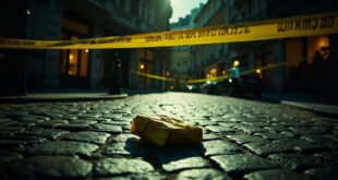 Yellow courier bag on cobblestone street with police tape and evidence markers in urban setting