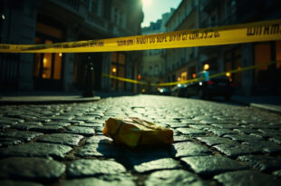 Yellow courier bag on cobblestone street with police tape and evidence markers in urban setting