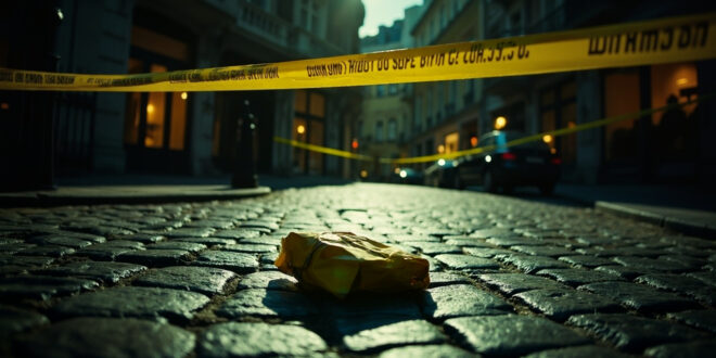 Yellow courier bag on cobblestone street with police tape and evidence markers in urban setting