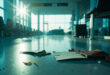 Abandoned passport and travel documents on bench in deserted airport terminal departure gate with forgotten luggage