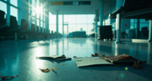 Abandoned passport and travel documents on bench in deserted airport terminal departure gate with forgotten luggage