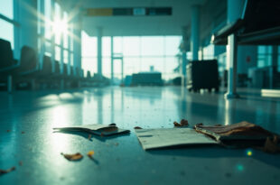 Abandoned passport and travel documents on bench in deserted airport terminal departure gate with forgotten luggage