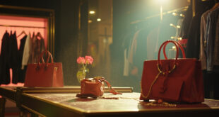 Luxury designer accessories with visible price tags displayed on empty tables in an upscale boutique after hours