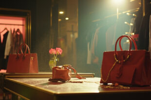 Luxury designer accessories with visible price tags displayed on empty tables in an upscale boutique after hours