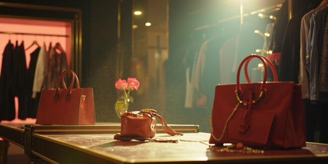 Luxury designer accessories with visible price tags displayed on empty tables in an upscale boutique after hours