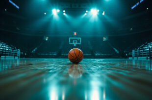 Empty basketball arena with a single ball on the court under bright overhead lights