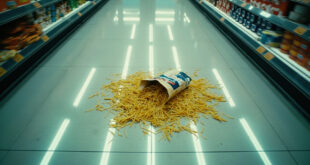 Pasta package spilled open on supermarket floor beneath tall shelving units