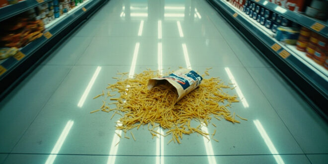 Pasta package spilled open on supermarket floor beneath tall shelving units