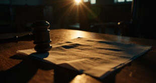 Prison release petition documents and wooden gavel on a mahogany desk in an empty courthouse with dramatic amber lighting
